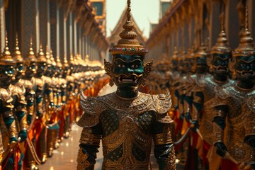 Emperor's ceremonial procession through grand palace with opulent decorations, a regal display of imperial grandeur.