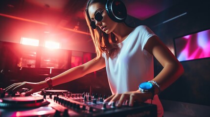 Obraz na płótnie Canvas a woman acts as a DJ in a nightclub