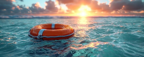 Summer safety at sea with blue water rescue ring floating buoy in ocean for emergency life saving protection security assistance from lifeguard round lifesaver saver against danger survival guard