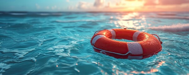 Summer safety at sea with blue water rescue ring floating buoy in ocean for emergency life saving protection security assistance from lifeguard round lifesaver saver against danger survival guard - obrazy, fototapety, plakaty