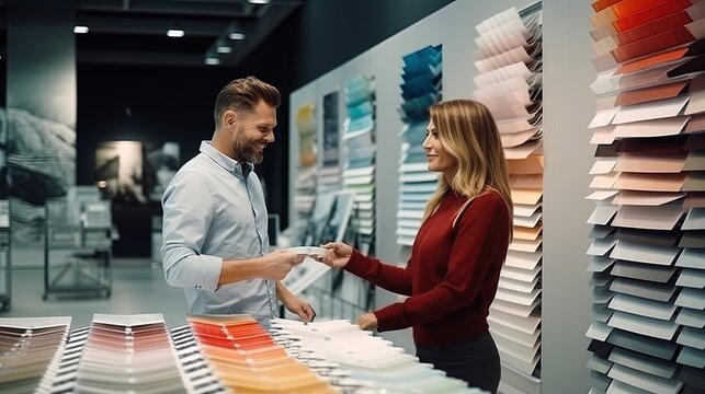 A married couple in the store chooses paint for walls