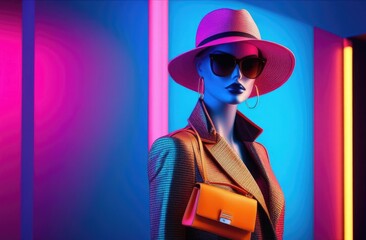 mannequin of woman with handbag, hat and sunglasses on vibrant background. fashion collection sale.