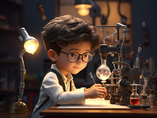 little inventor young boy performing a scientific experiment at his lab 3D rendering design. - obrazy, fototapety, plakaty