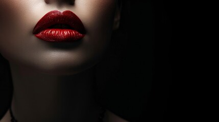 The woman's lush and pouting red lips like a kiss on a black background.    