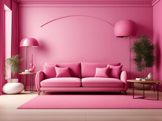 Livingroom in trend viva magenta wall background mockup with sofa furniture and decor design.