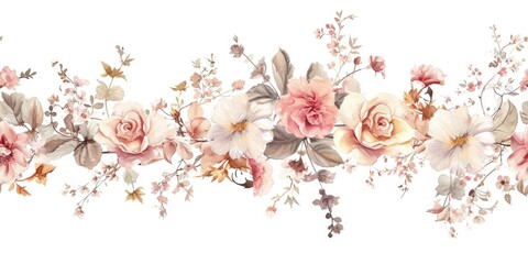 A panoramic watercolor illustration featuring a seamless border of pastel flowers and dark foliage, perfect for wallpapers and textile design.. - obrazy, fototapety, plakaty