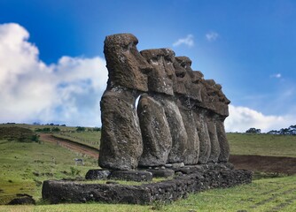 All seven Moai statues at Ahu Akivi are almost the same height of 4.5 meters and overlook the Pacific ocean, (Easter Island, Chile)