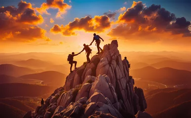 Tuinposter Teamwork concept with man helping friend reach the mountain top © design