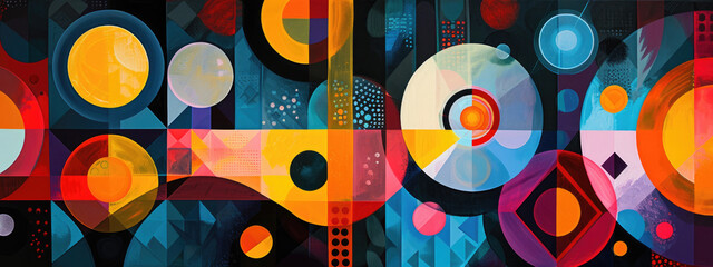 Abstract canvas background with geometric patterns, combining bright and vibrant colors, circles, triangles and rectangles for a dynamic composition - obrazy, fototapety, plakaty