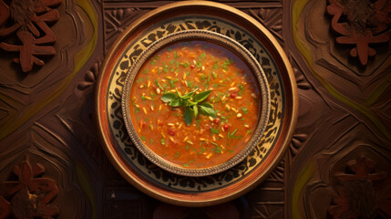 A bowl of hearty harira soup, a staple dish during Ramadan in many North African countries - obrazy, fototapety, plakaty