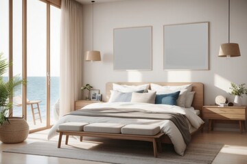 Coastal Interior home design of modern bedroom with white bed and empty mockup poster frames on the wall