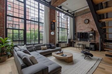 Fototapeta na wymiar Contemporary Living Room with Expansive Window and Stylish Loft Decor