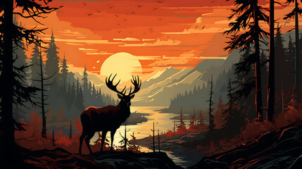 illustrtion silhouette deer in the nature