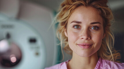 Portrait of smiling female patient looking at camera in x-ray room.  CT scan in hospital.