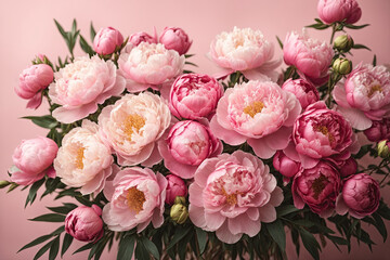 Beautiful freshly cut bouquet of soft pink peonies. Vintage card with an elegant bouquet of peonies. Flower arrangement, daylight. Wallpaper.