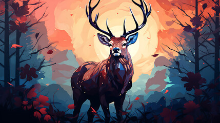 illustrtion silhouette deer in the nature - obrazy, fototapety, plakaty