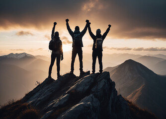 Together overcoming obstacles with three people raise their hands up in the air on mountain top, celebrating success and achievements - obrazy, fototapety, plakaty