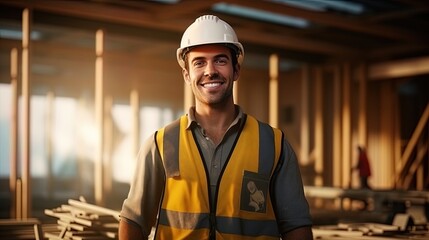 The worker at the construction site smiles, completing work on the house - obrazy, fototapety, plakaty