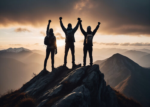 Together overcoming obstacles with three people raise their hands up in the air on mountain top, celebrating success and achievements