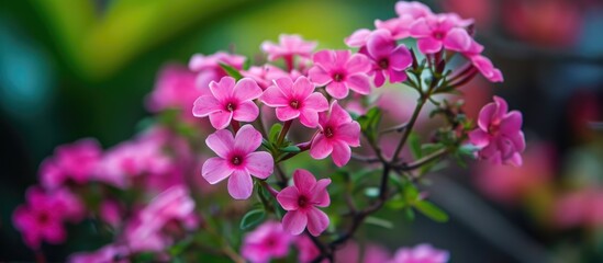 Tiny pink flowers in a Goan beach resort, used as natural decor, shown up close.