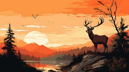 Fototapeta na wymiar illustrtion silhouette deer in the nature