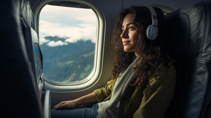 A high camera angle photo captures a casual woman traveling in-flight, offering a glimpse into her journey with a mix of comfort and adventure.