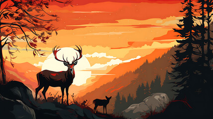 illustrtion silhouette deer in the nature