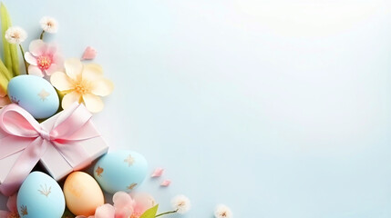 Fototapeta na wymiar Colorful Easter eggs with gift box and flowers top view background with copy text space - ai generative