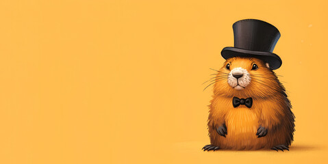 A groundhog in a top hat on an orange background