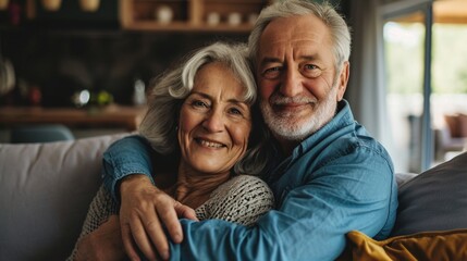 Older couple looking happy together on couch. - obrazy, fototapety, plakaty