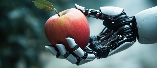 Robotic hand holding an apple, emphasizing GMO and automation.