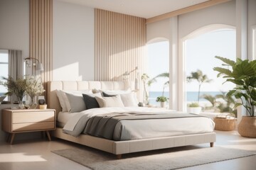 Coastal Interior home design of modern bedroom with white bed and white wall