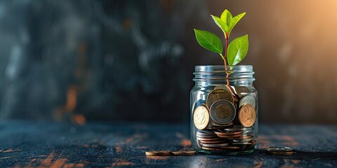 Growth concept with coins and plant symbolizing invest finance business money tree showing economy financial banking success leaf profit savings green nature in jar for retirement income economic - obrazy, fototapety, plakaty