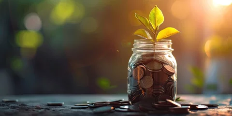 Fotobehang Growth concept with coins and plant symbolizing invest finance business money tree showing economy financial banking success leaf profit savings green nature in jar for retirement income economic © Thares2020