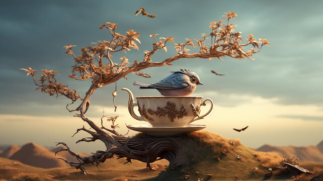 A tea bird is sitting on a tree ai generative image