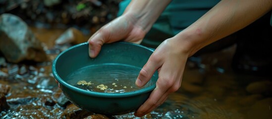 Obraz premium Youthful hands panning for gold with a green pan.