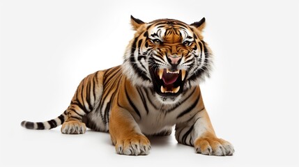 Fototapeta premium angry tiger showing its fangs on a white background