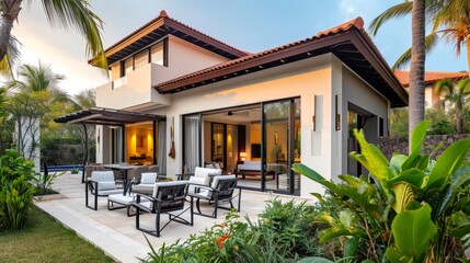 Luxury villa with private garden in tropical resort - obrazy, fototapety, plakaty