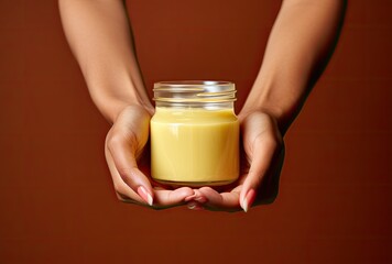 A woman's hand, adorned with a fresh manicure, elegantly cradles a cosmetics jar filled with moisturizing face cream, portraying a sense of care and sophistication.