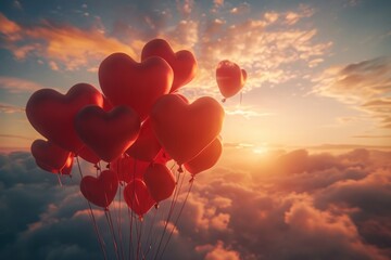 Fototapeta premium Love-filled balloons floating in the daytime sky, creating a whimsical scene, a joyful expression soaring in the air.