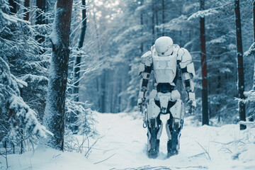 Snowscape Sentinel: A White Robotic Entity in Winter Wonderland