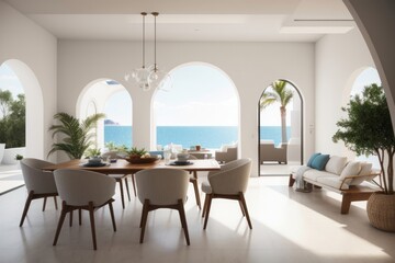 Interior home design of modern dining room with wooden dining table and chairs with arched windows on the coast