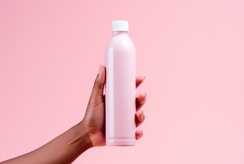 Drinking water presented in a bottle with a refreshing pink hue. - obrazy, fototapety, plakaty