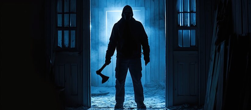 Silhouetted intruder at doorway with axe.