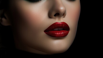 Une magnifique femme avec maquillage et rouge à lèvres sur un fond noir - obrazy, fototapety, plakaty