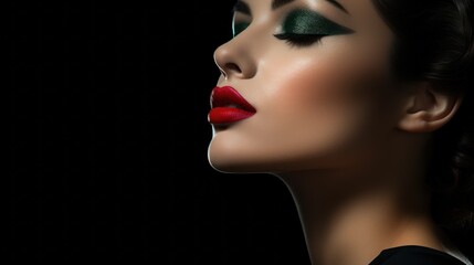 Une magnifique femme avec maquillage et rouge à lèvres sur un fond noir, image avec espace pour texte