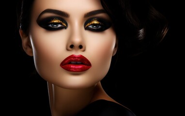Une magnifique femme avec maquillage et rouge à lèvres sur un fond noir