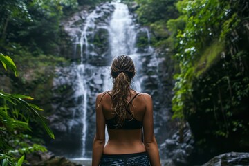 Woman in front of a waterfall in a tropical forest, adventure. Generative AI