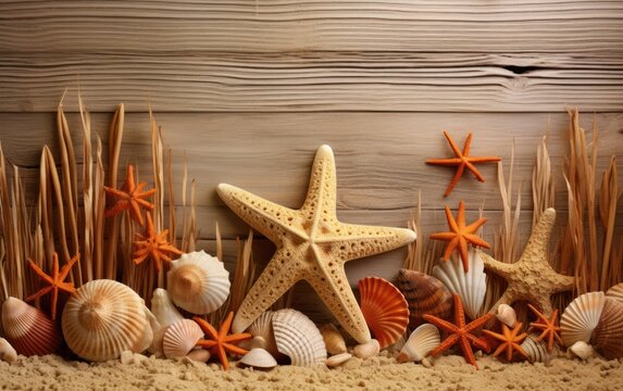 Coquillages et étoiles de mer sur un fond en bois, image avec espace pour texte