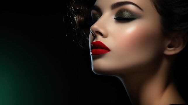 Une magnifique femme avec maquillage et rouge à lèvres sur un fond noir, image avec espace pour texte